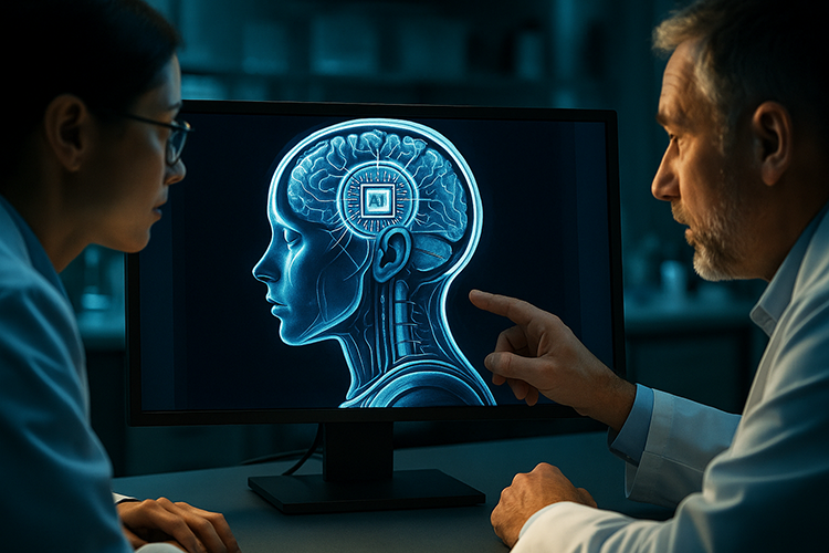 2 professionals looking at an MRI scan of a head, AI incorporated into the brain.